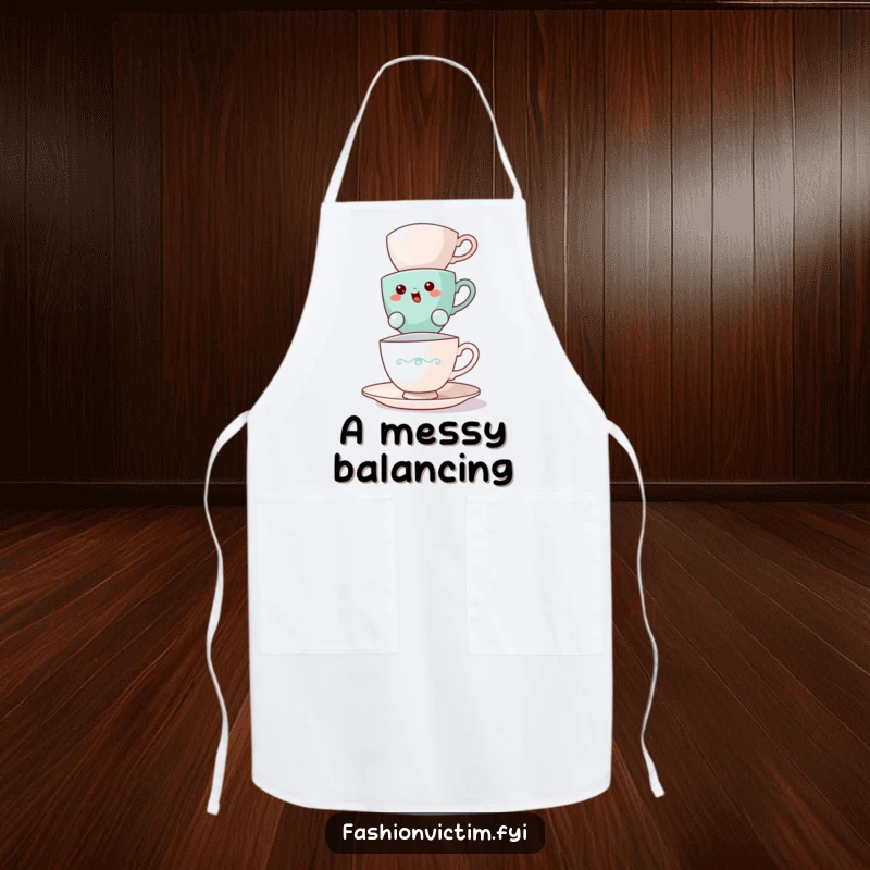 Funny teacup apron, a bewildered teacup balancing teacups, stylish kitchen wear, relatable humor.