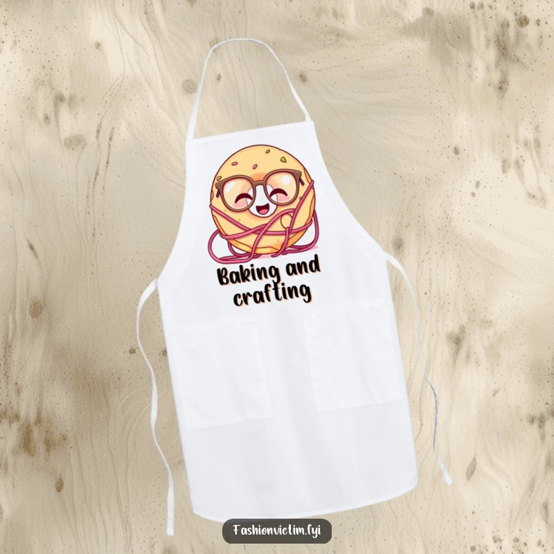 Funny kitchen apron showing a giggling doughnut wearing oversized glasses and becoming entangled in colorful yarn.