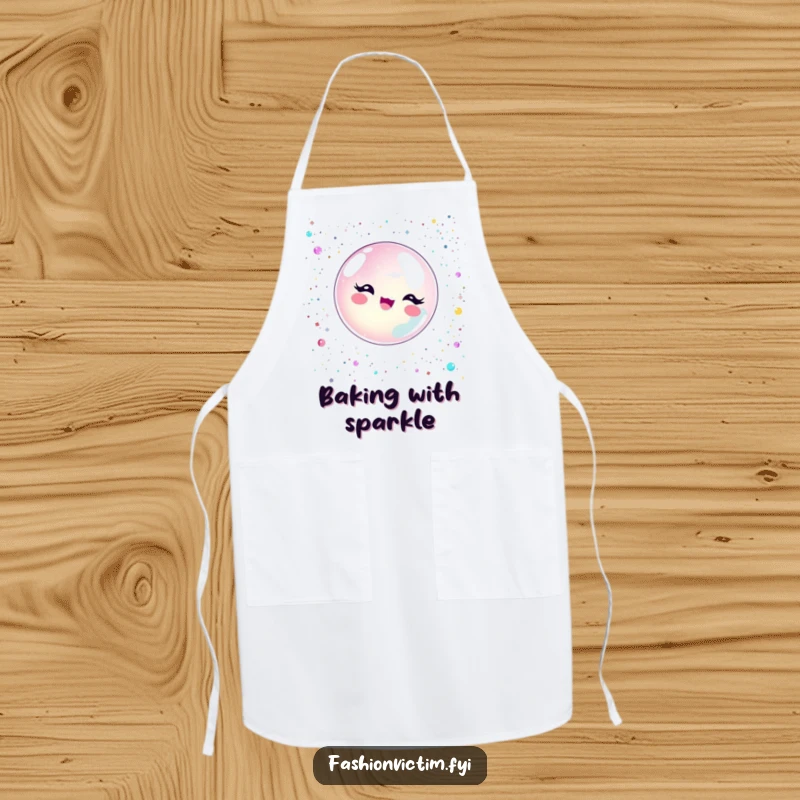 Funny bubble character popping with delight amidst a shower of glitter and sequins, wearing a cute kitchen apron.