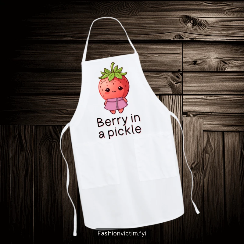 Funny kitchen apron featuring a shy strawberry with a ripped seam on its fashionable dress, ready to cook.