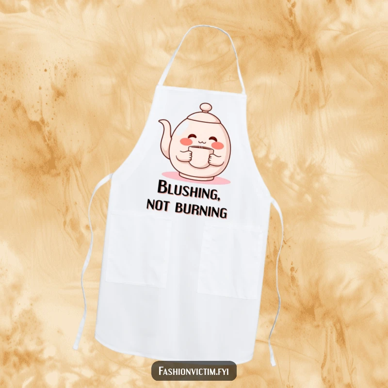 Funny kitchen apron, a shy teapot character blushing red while holding a steaming cup, ideal for cooking and baking.
