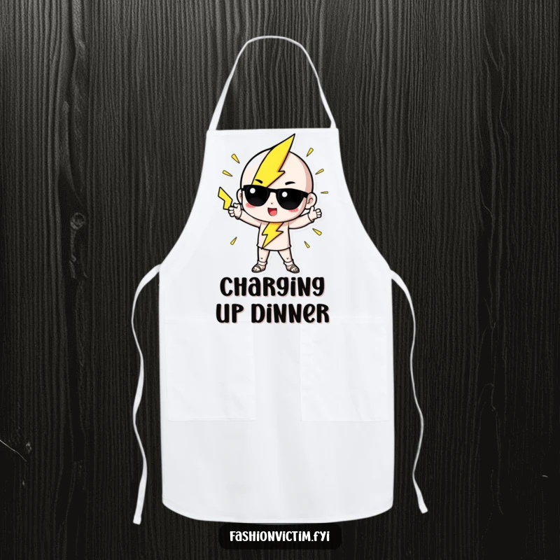 Funny Apron showing a cute lightning bolt character striking a dramatic, fashionable pose, perfect for the kitchen.