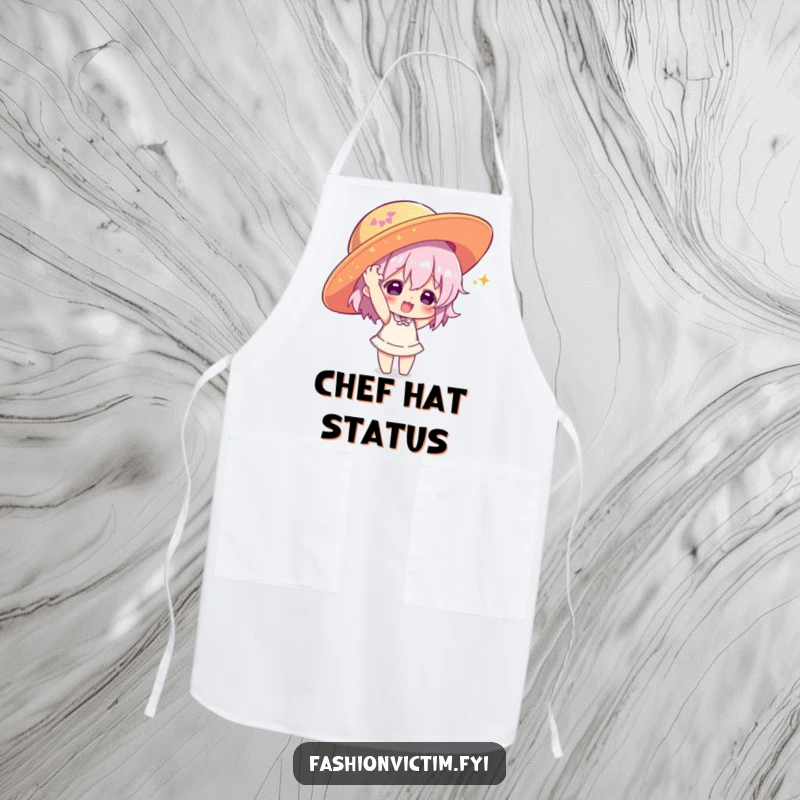 Funny apron depicting a character playfully donning a large, sequined hat, a humorous kitchen accessory for festive occasions.