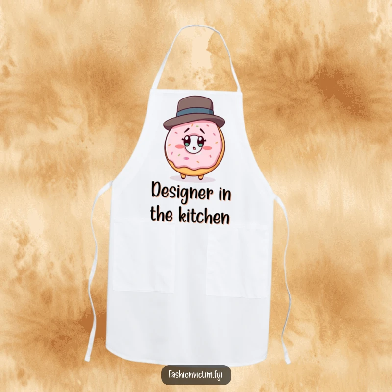 Funny apron depicting a donut character wearing a designer hat, looking shocked at its reflection, ideal for a sweet baker.
