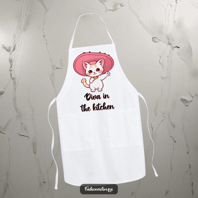 Funny apron with a kawaii cat dramatically posing in a giant, flamboyant hat. Humorous kitchen wear gift.