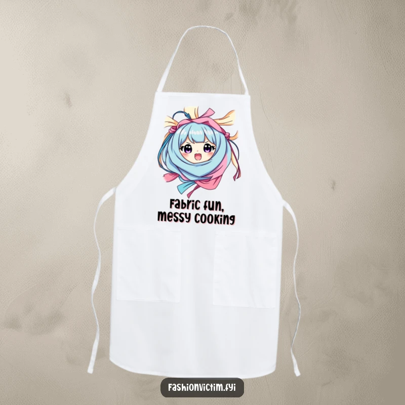 Funny apron showing a character happily tangled in colorful fabric with a surprised, happy look, adding playful humor to cooking.