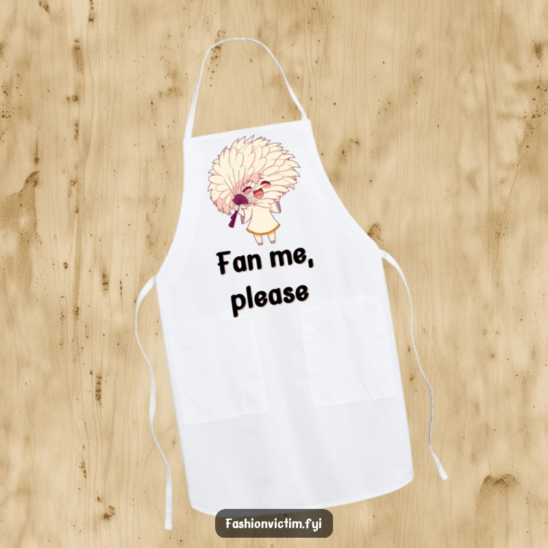Funny apron showing an excited character gesturing with a large, feathery fan that hides their face, for cooking.