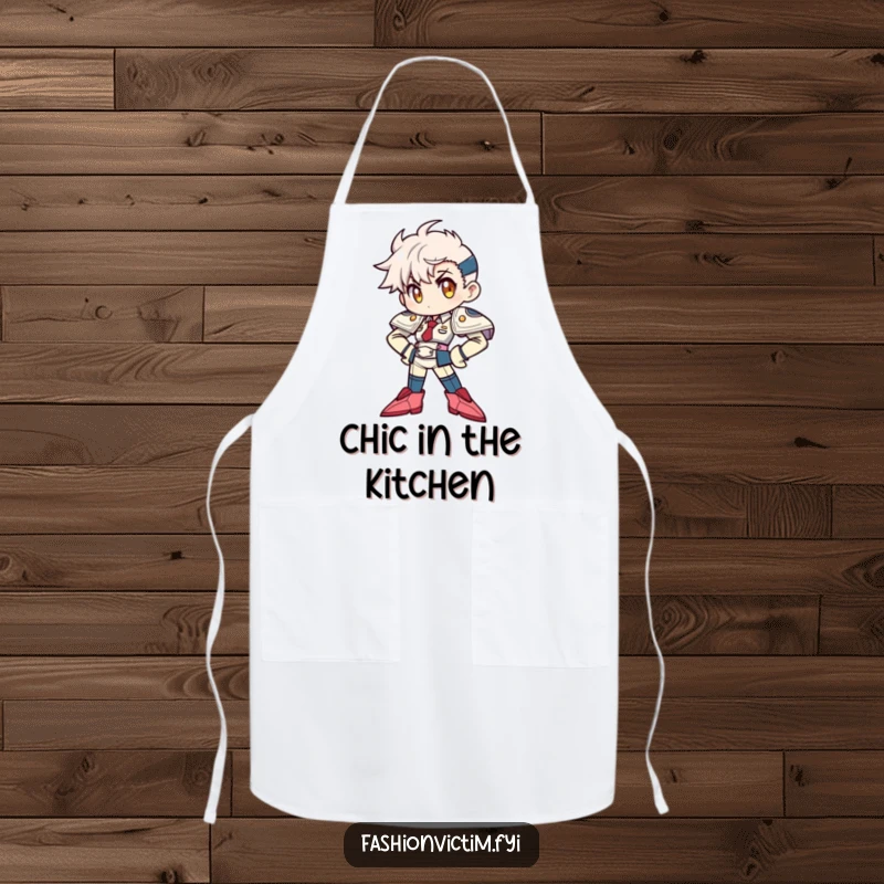 Funny Apron: A character striking a confident pose with exaggerated shoulder pads and pointy shoes while cooking, a humorous statement.