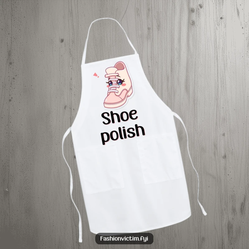 Funny apron illustration of a character surprised by a shoe winking with a tiny eye, ready for any task with a humorous twist.