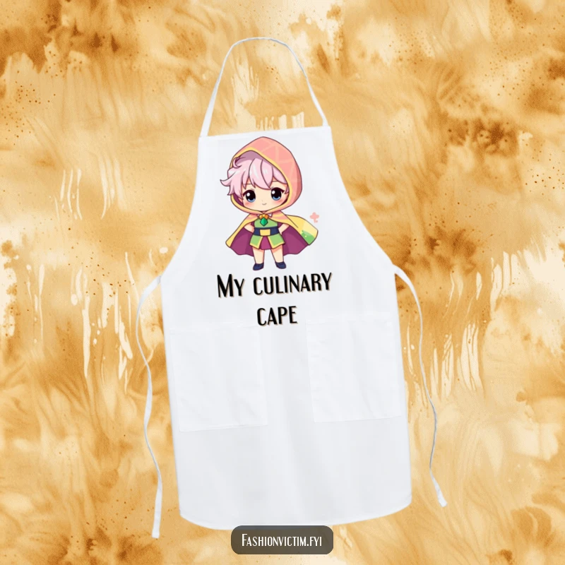 Funny apron of a proud character showcasing a brightly patterned, oversized cape billowing behind them, for heroic kitchen tasks.
