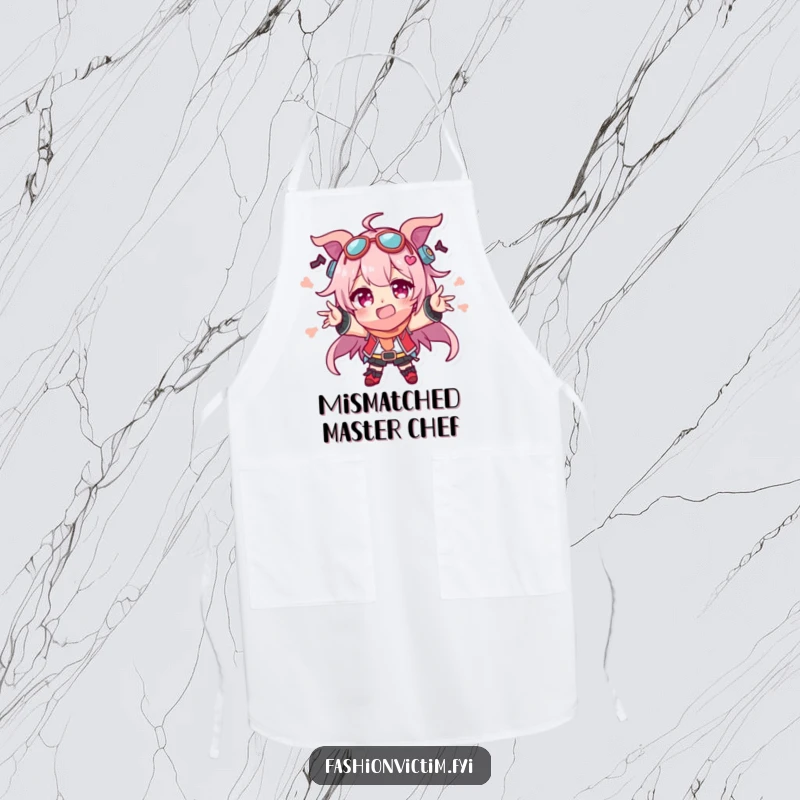 Funny apron featuring a character energetically gesturing, covered in a comical array of mismatched kitchen items, ready for humorous culinary adventures.