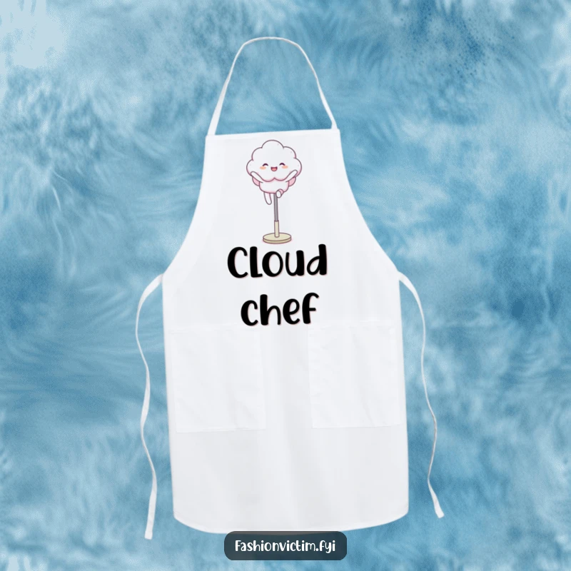 Funny apron depicting a fluffy cloud character joyfully leaping over a mannequin leg, bringing playful humor to kitchen wear.