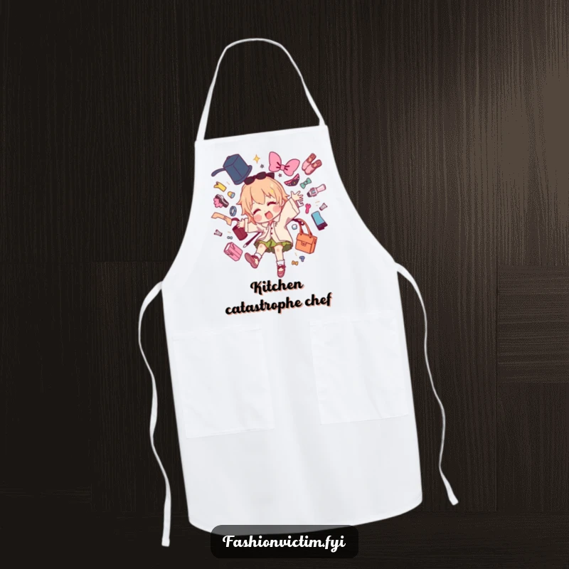 Funny apron featuring a character dramatically tripping and scattering fashion items, perfect for creative kitchens or studios.