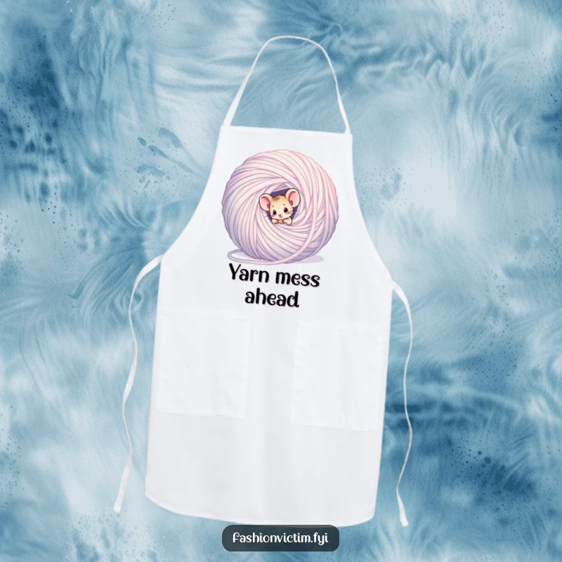 Funny mouse apron, a tiny mouse entangled in yarn, looking confused, stylish kitchen wear.
