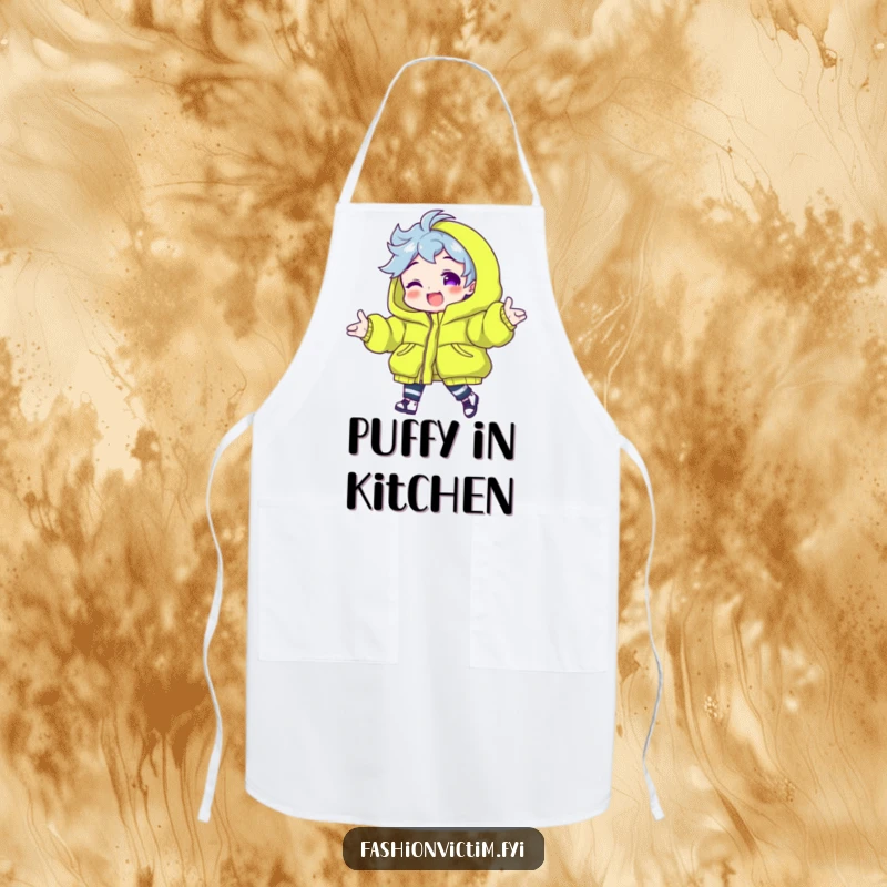 Funny apron showing a character modeling a neon green puffy jacket, perfect for cooks and crafters who appreciate vibrant style.
