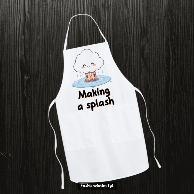 Funny apron depicting a smiling rain cloud character splashing in a puddle with stylish boots, ideal for a cheerful cook.