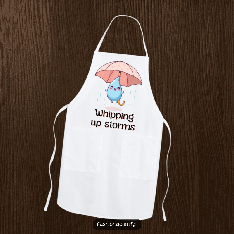 Funny Apron showing a playful raindrop character happily bouncing on a patterned umbrella, ideal for kitchen use.