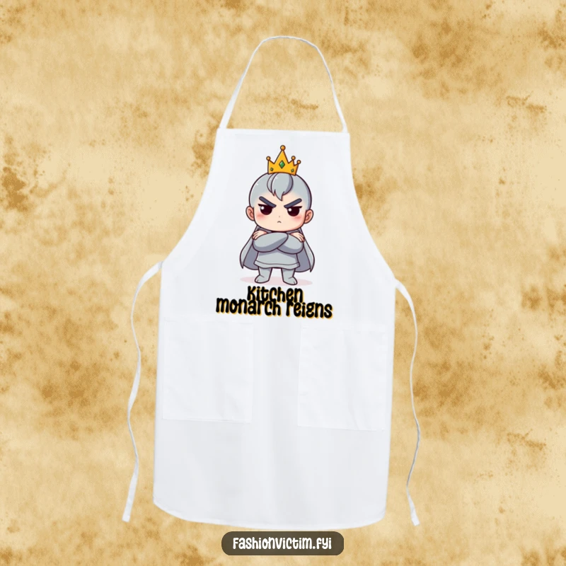 Funny apron featuring a character with crossed arms and a tiny crown tilted hilariously, perfect for kitchen royalty.