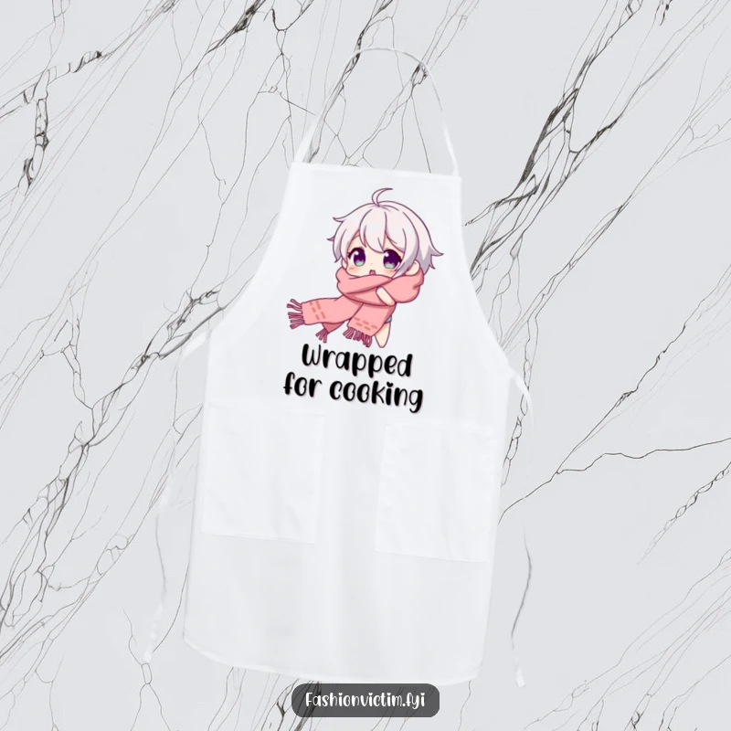 Funny apron with a character comically tangled in a long scarf, beaming with surprise while cooking.