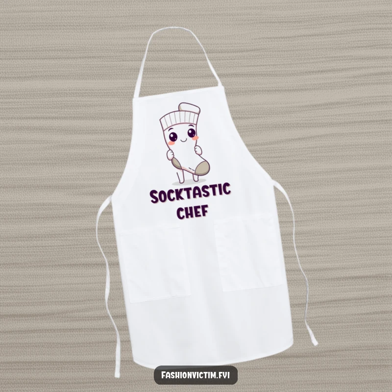Funny apron featuring a character with a triumphant grin, proudly displaying a single, perfectly matched sock, perfect for laundry duty.