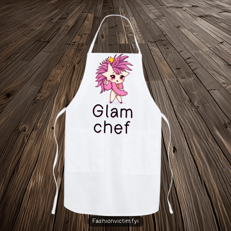Funny Apron featuring a tiny star character posing with a feather boa, ready to cook in glamorous style.