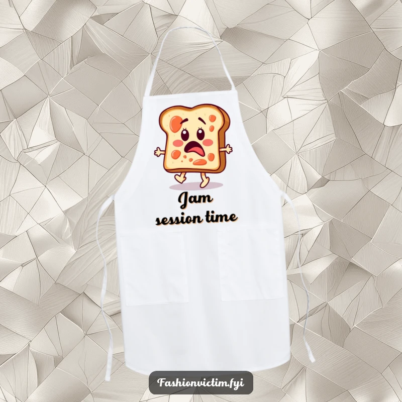 Funny apron showcasing a surprised toast slice with jam, ready to strut its stuff on the runway.
