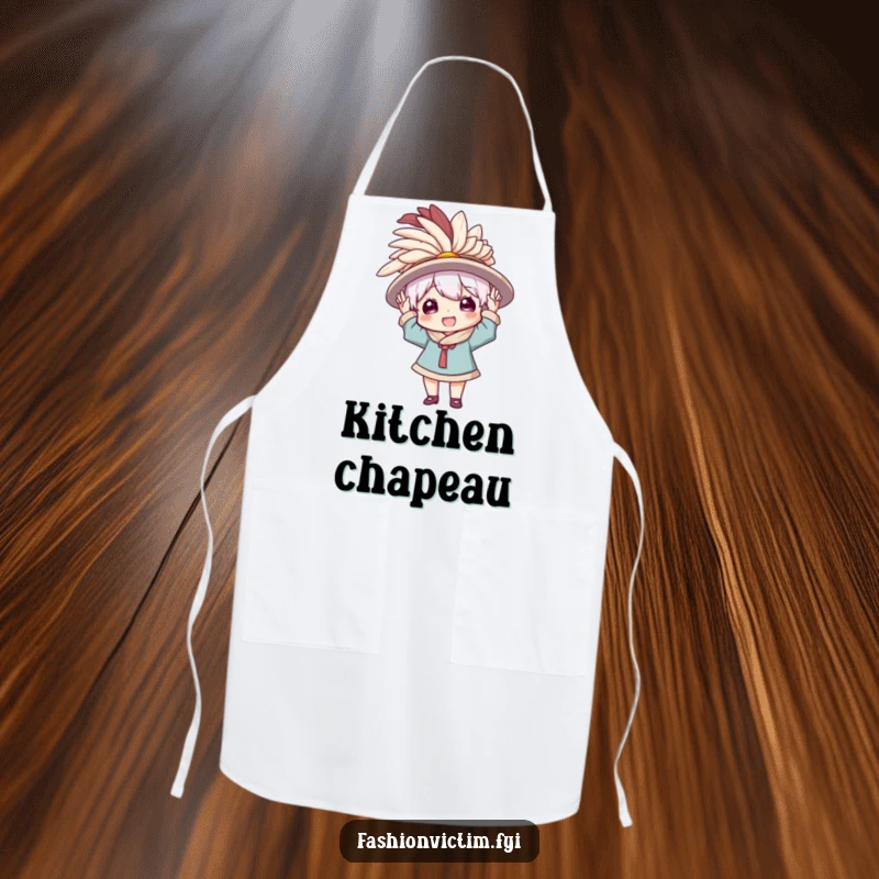 Funny apron illustration of a character enthusiastically wearing a comically large, feathered hat, ready for any stylishly dramatic endeavor.