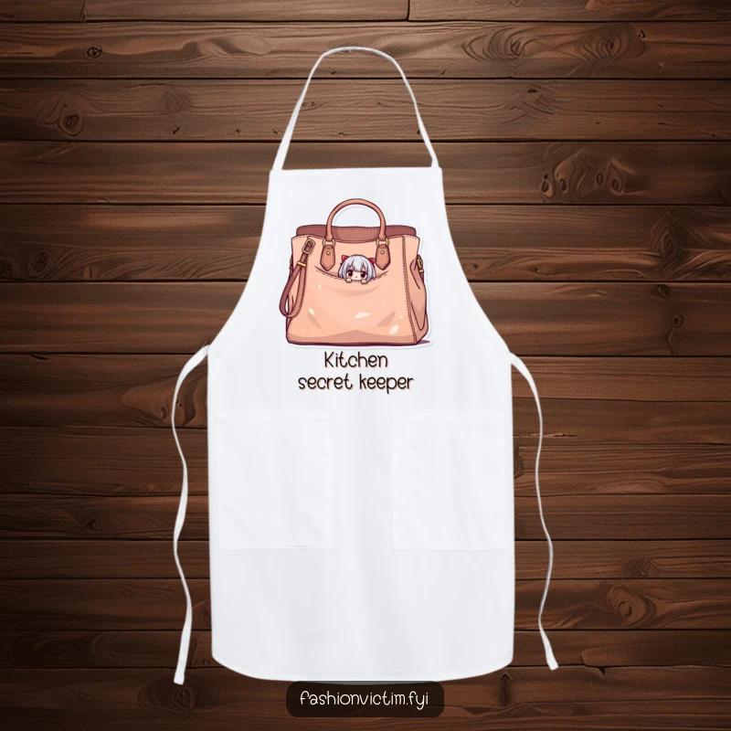 Funny apron depicting a tiny character peeking from a large, stylish handbag with minor damage, a humorous kitchen accessory.