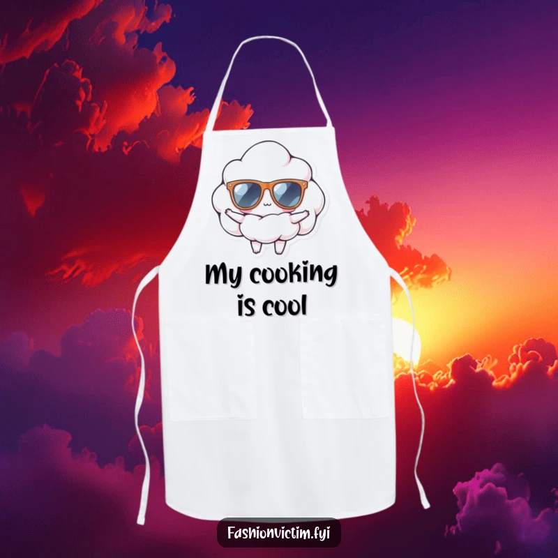 Funny apron featuring a tiny cloud wearing oversized sunglasses, striking a confident pose, adding a cool and humorous element to kitchen activities.