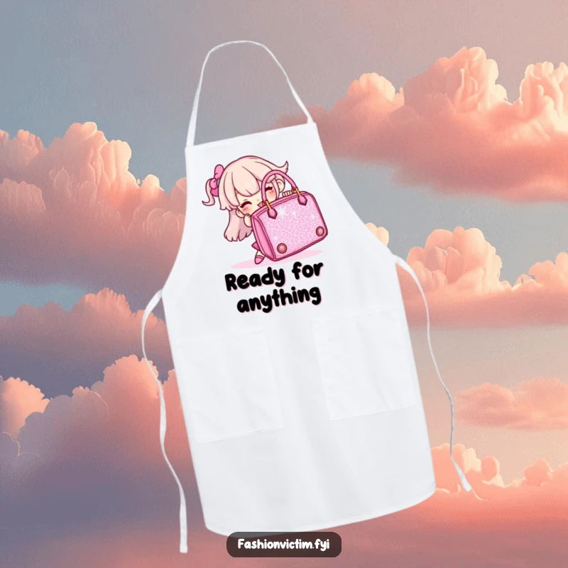 Funny apron showing a character comically juggling a huge, sparkly handbag while cooking, for kitchen humor.