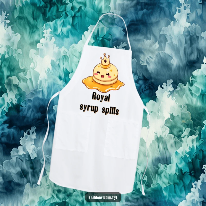 Funny pancake apron, a cheerful pancake with a crown, tripping in syrup, stylish kitchen wear.