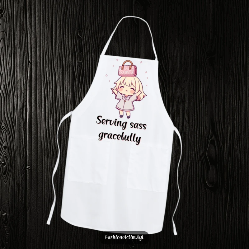 Funny Apron depicting a cheerful character playfully twirling a sparkly handbag overhead, perfect for a humorous cooking experience.