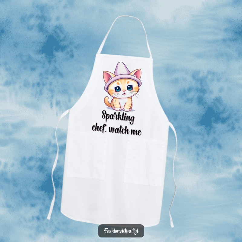 Funny apron depicting a tiny cat trying on a dazzling, oversized, sparkly hat; a humorous and stylish kitchen accessory.