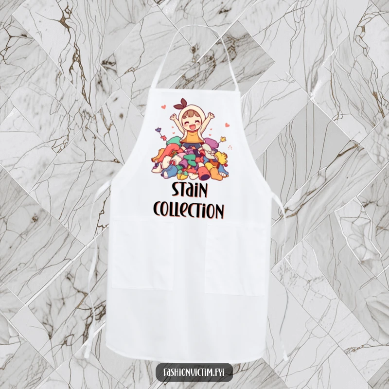 Funny apron illustration of a character joyfully diving into a colorful, messy pile of mismatched clothing, ready to take on any task.