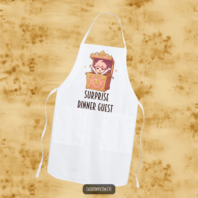 Funny Apron showing a character bursting from an ornate box with arms outstretched, great for parties or cooking.