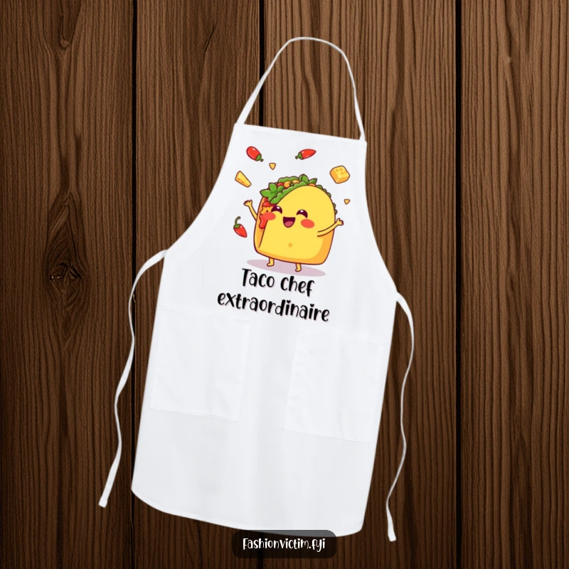 Funny Kawaii taco apron, a happy taco juggling food items, perfect for keeping clothes clean with a humorous flair.