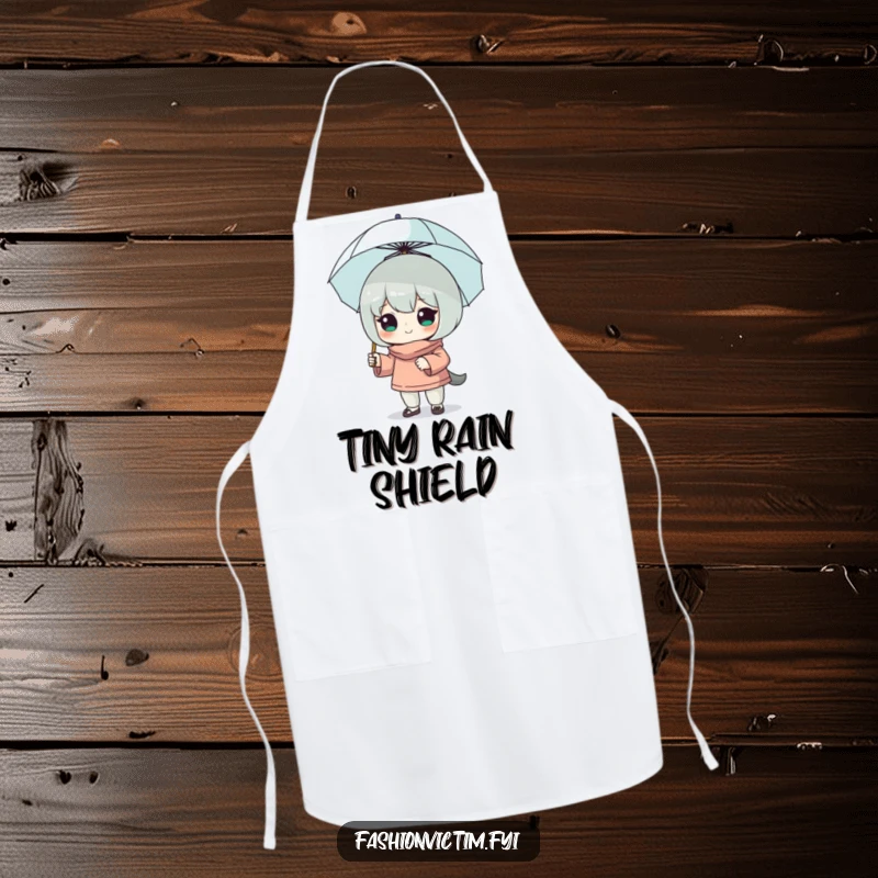 Funny apron showcasing a character in a confident pose with a tiny umbrella, ready to tackle kitchen tasks with humorous style and preparedness.