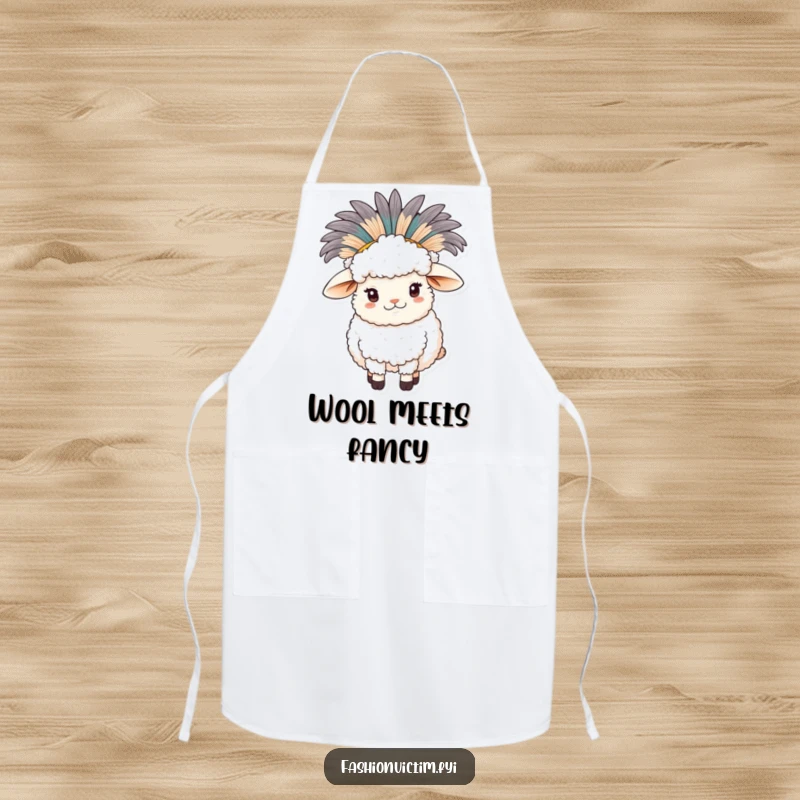 Funny sheep apron, a fluffy sheep wearing a large feathered hat, stylish kitchen wear, farm themed.