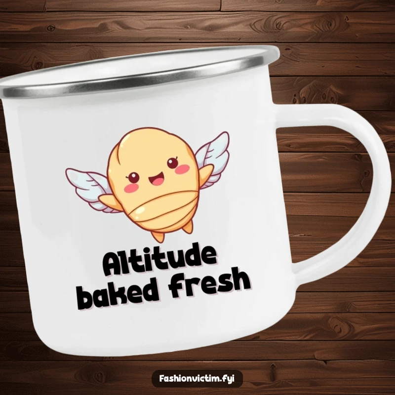 Funny camping mug featuring a smiling croissant character flying with small wings, perfect for outdoor use. A humorous pastry companion.