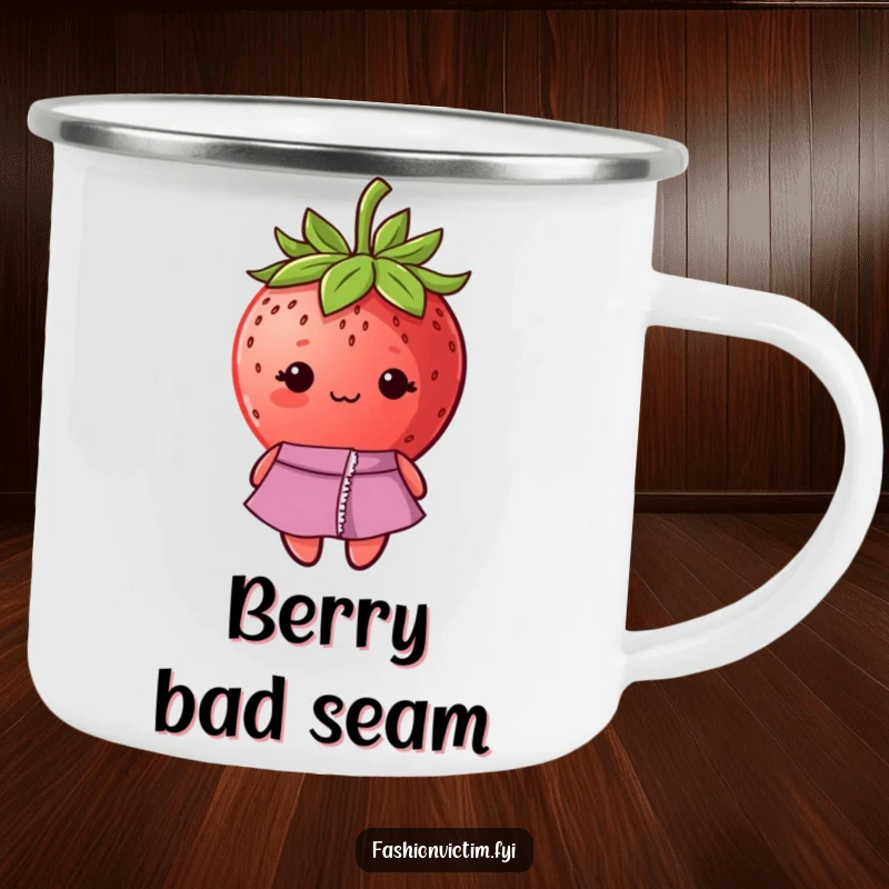 Funny camping mug with a shy strawberry character, whose fashionable dress has a ripped seam, ready for adventure.