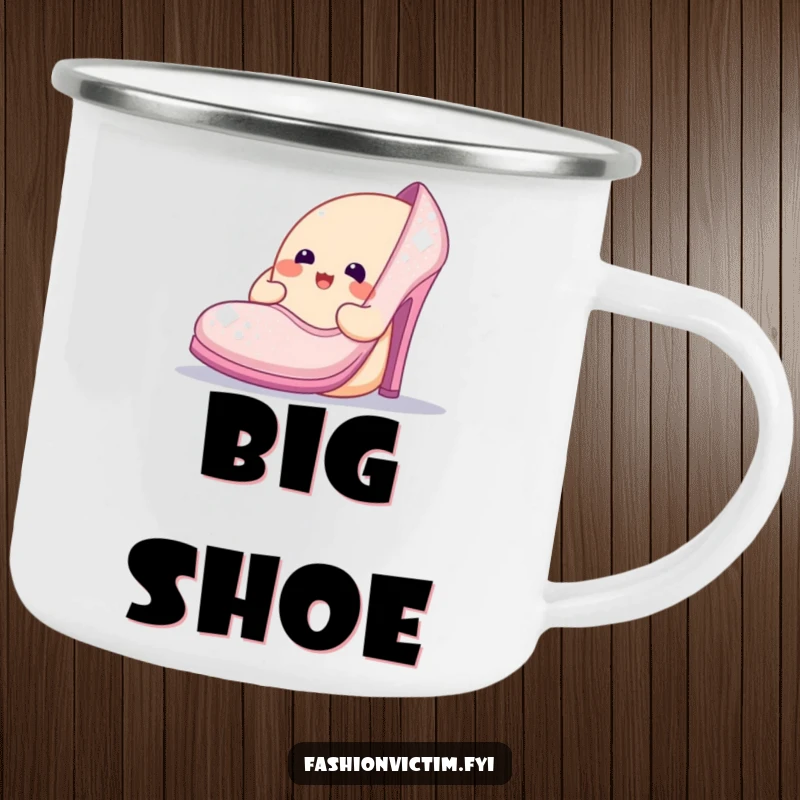 Funny camping mug showing a cheerful blob character admiring an oversized, sparkly shoe, perfect for adding glamorous humor to outdoor drinks.