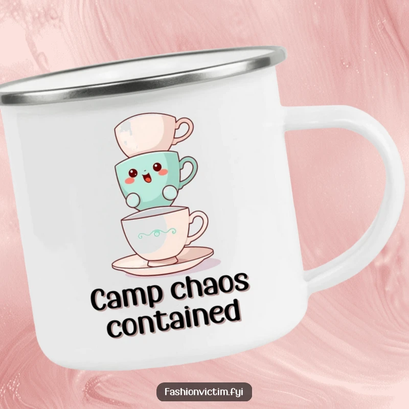 Funny teacup camping mug, a bewildered teacup balancing teacups, durable for outdoor use, adding humor.
