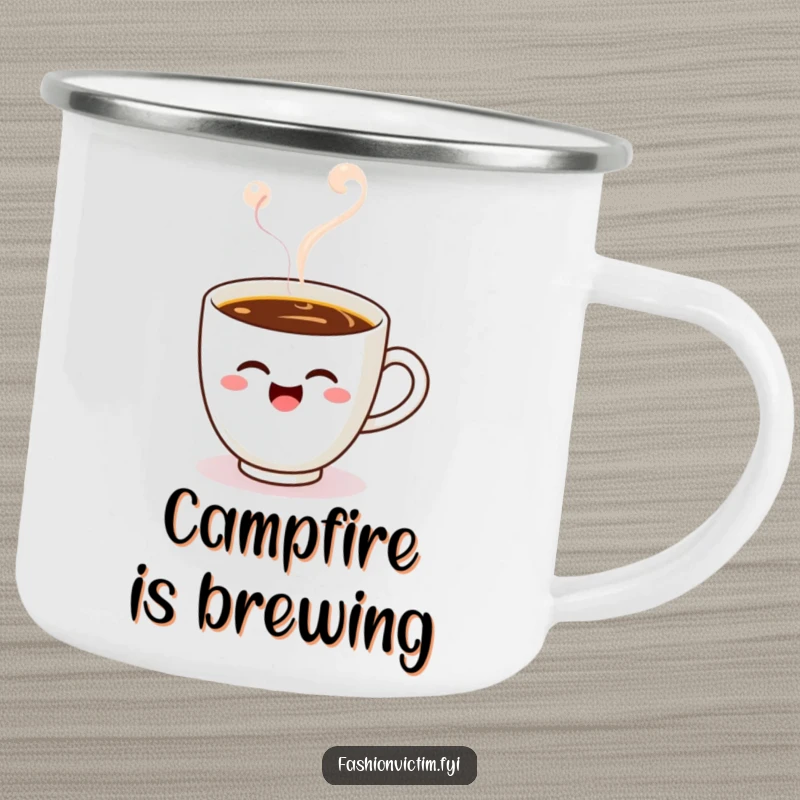 Funny Kawaii coffee cup camping mug, a winking cup in steam, durable and cheerful for outdoor enjoyment.
