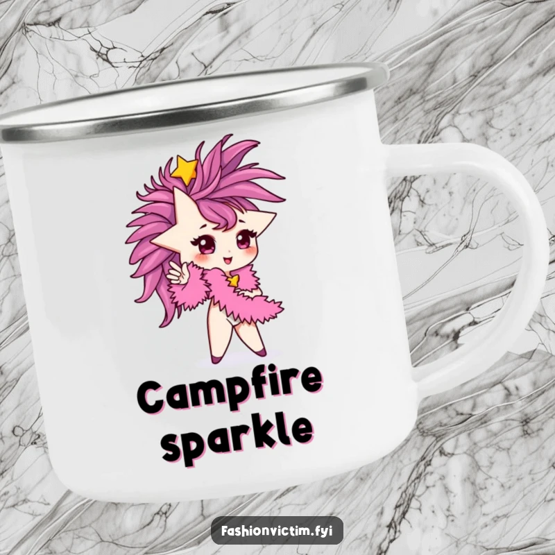 Funny Camping Mug with a tiny star character posing glamorously with a feather boa. Perfect for starry nights.