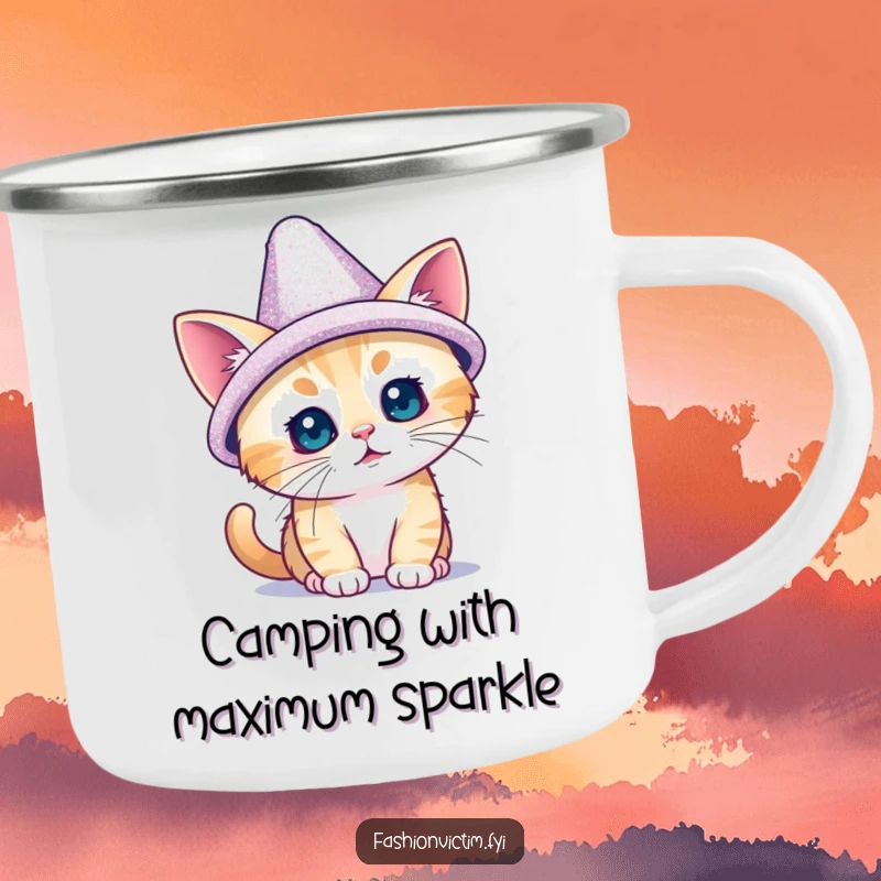 Funny camping mug showing a tiny cat trying on a dazzling, oversized, sparkly hat; brings feline glamour and humor outdoors.