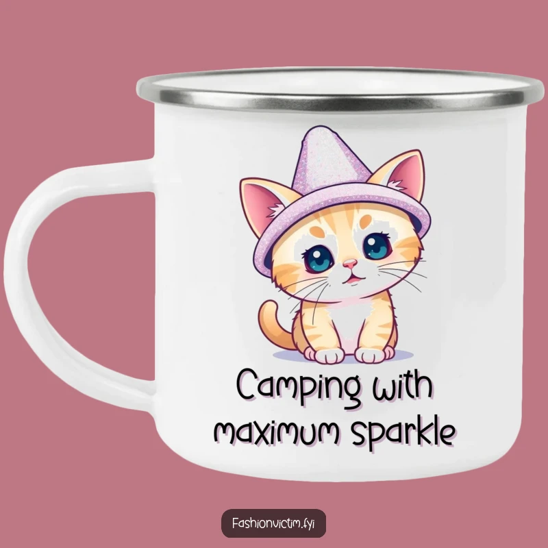 Funny Tiny Cat Sparkly Hat Camping Mug - Glamorous Outdoor Laugh