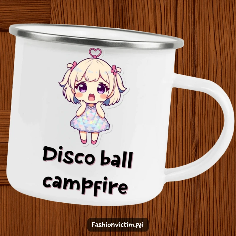 Funny camping mug with a character shocked in a disco ball dress, built for adventure and a good laugh, perfect for party lovers.