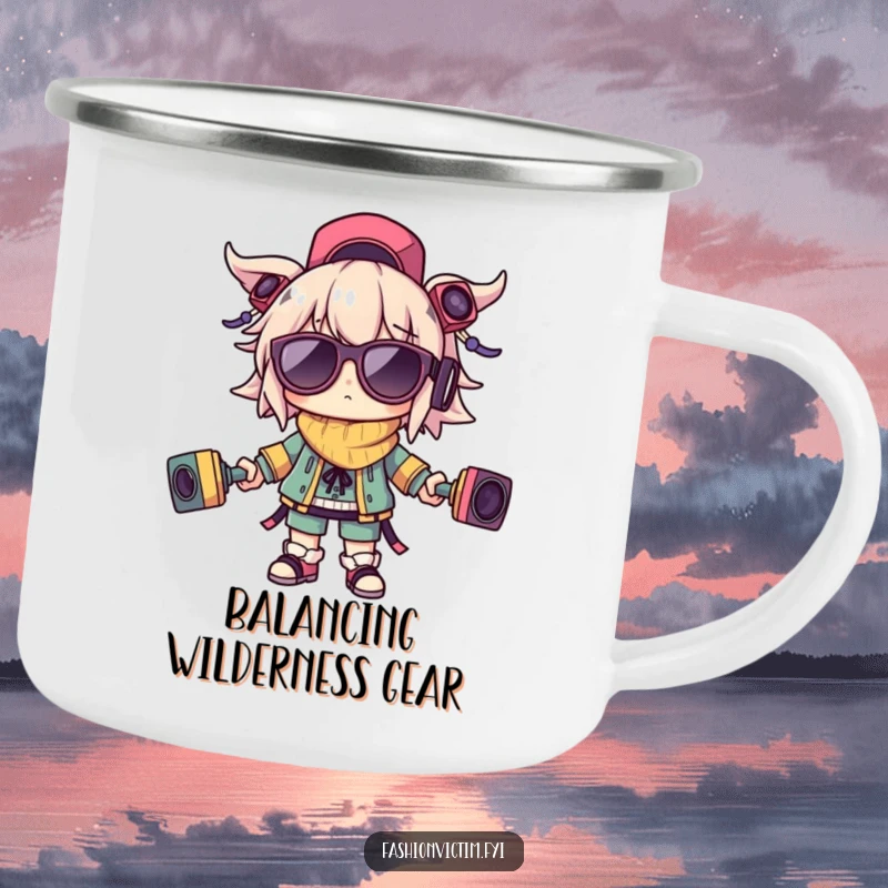 Funny camping mug with a character balancing outlandish accessories, built for adventure and a good laugh, perfect for the organized-chaos lover.