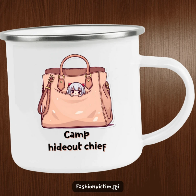 Funny camping mug featuring a tiny character peeking from a large, stylish handbag with minor damage, a humorous outdoor accessory.