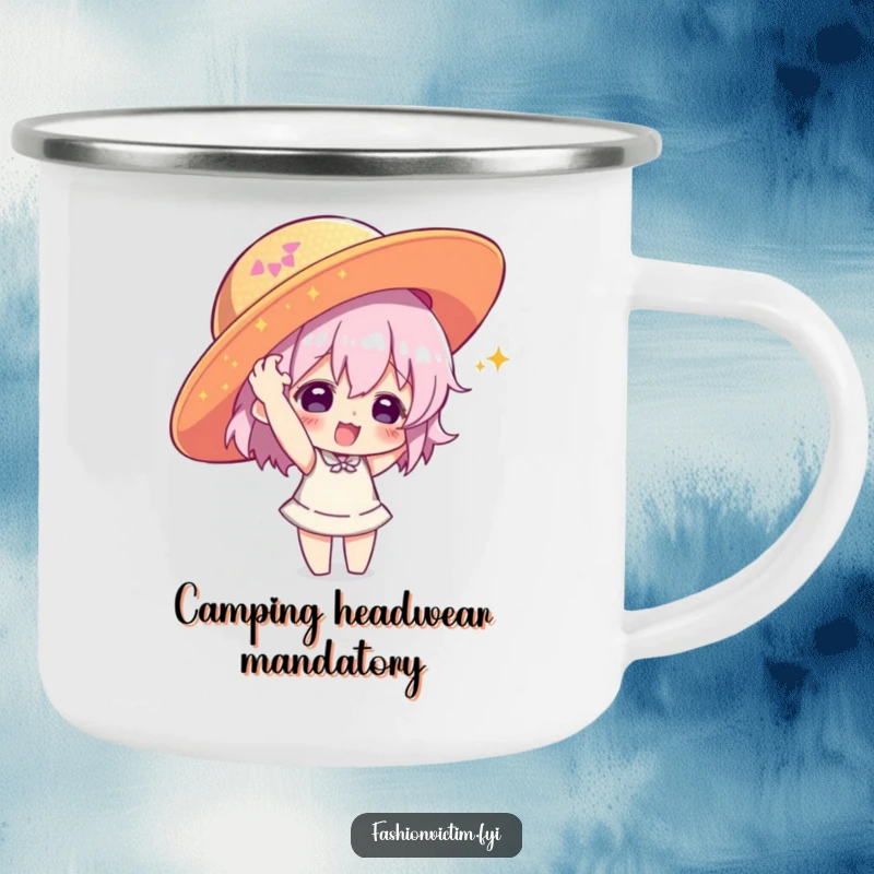 Funny camping mug featuring a character playfully wearing a large, sequined hat, a humorous outdoor accessory.